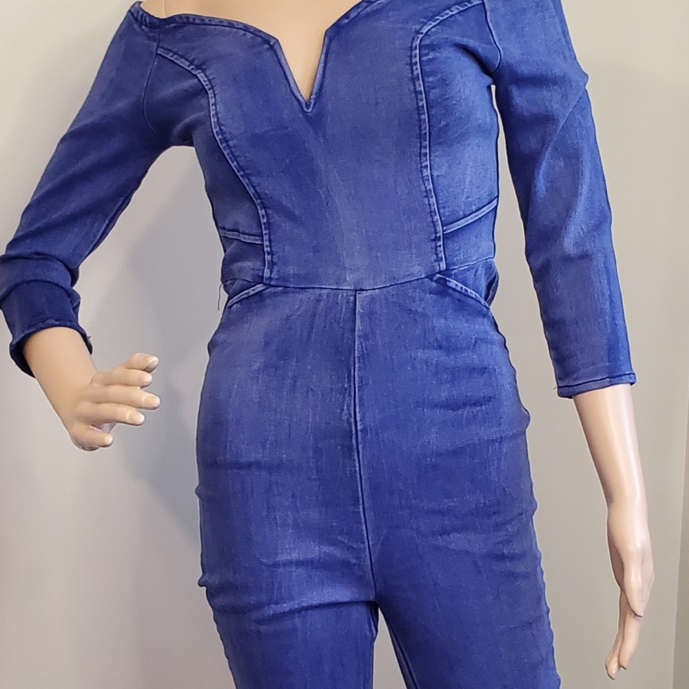 Fun Unique Stretchy Denim Jumpsuit. Pockets Festival